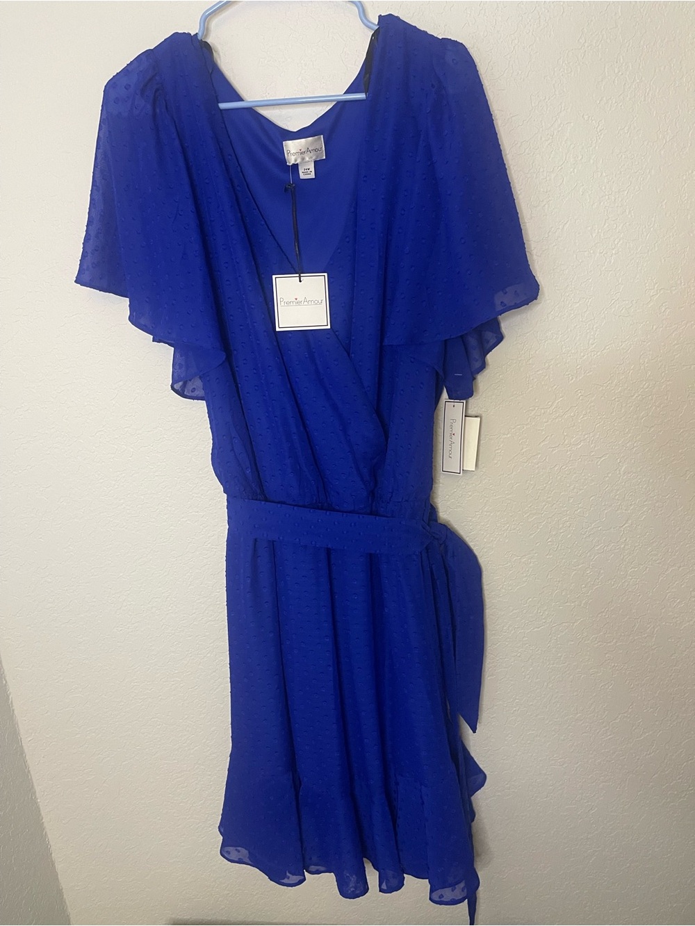 Premier Amour Blue Flutter-Sleeve Wrap Midi Dress